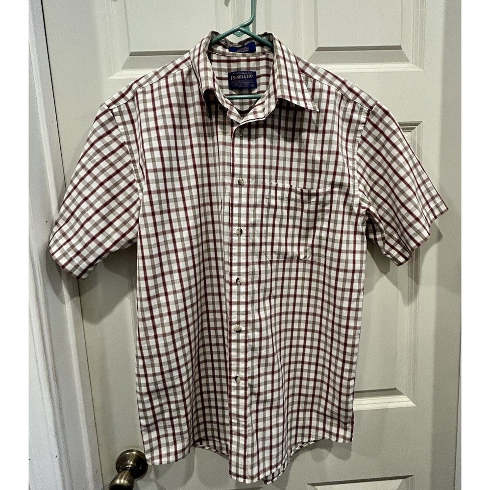 Pendleton Mens Medium Short Sleeve Plaid Button Up Shirt 100% Cotton Red White